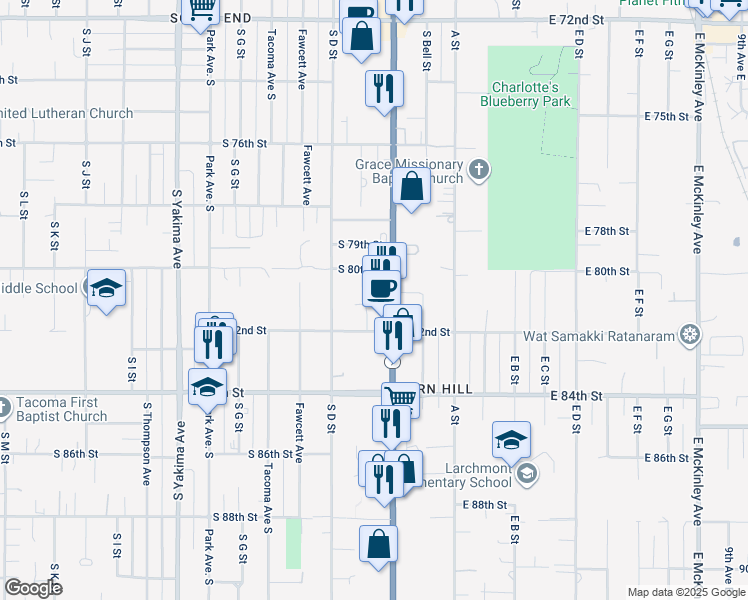 map of restaurants, bars, coffee shops, grocery stores, and more near 8014 Pacific Avenue in Tacoma