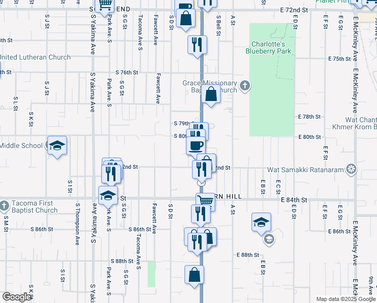 map of restaurants, bars, coffee shops, grocery stores, and more near 8014 Pacific Avenue in Tacoma