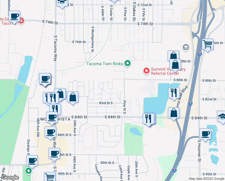 map of restaurants, bars, coffee shops, grocery stores, and more near 8023 30th Avenue Court South in Lakewood