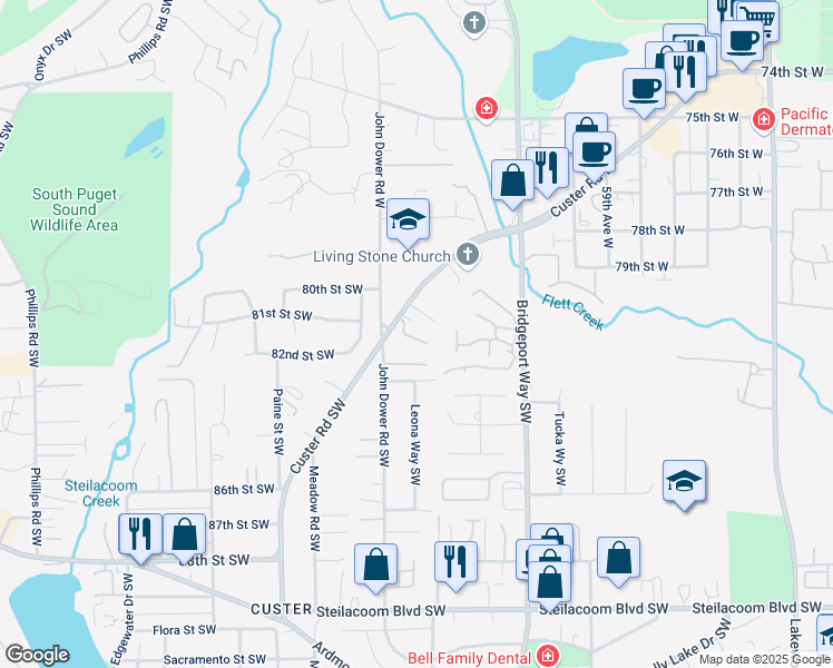 map of restaurants, bars, coffee shops, grocery stores, and more near 8015 Custer Road Southwest in Lakewood
