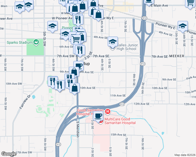 map of restaurants, bars, coffee shops, grocery stores, and more near 322 9th Avenue Southeast in Puyallup