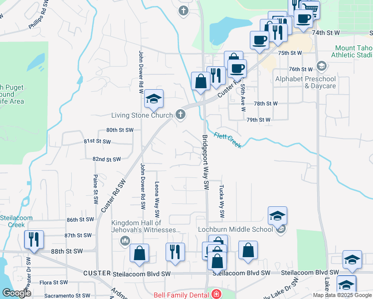 map of restaurants, bars, coffee shops, grocery stores, and more near 8200 Bridgeport Way Southwest in Lakewood