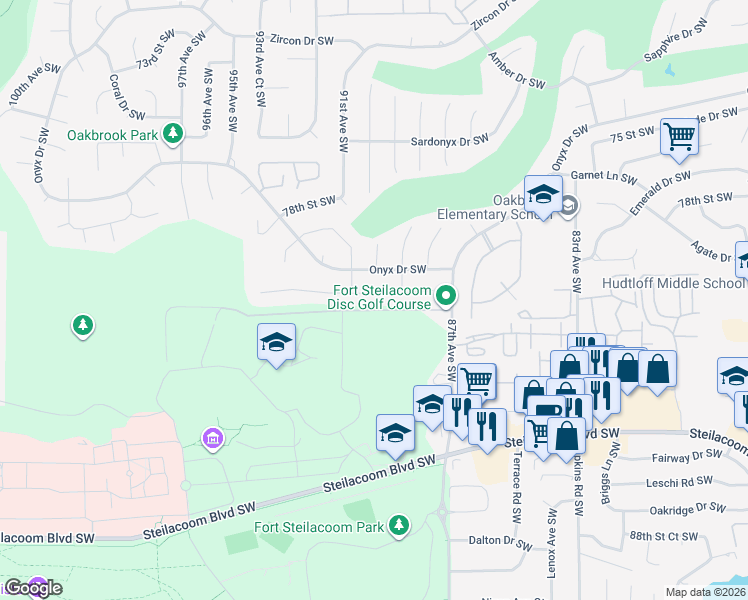 map of restaurants, bars, coffee shops, grocery stores, and more near 9002 81st Street Southwest in Tacoma
