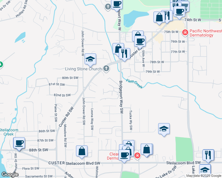 map of restaurants, bars, coffee shops, grocery stores, and more near 8008 Bridgeport Way Southwest in Lakewood