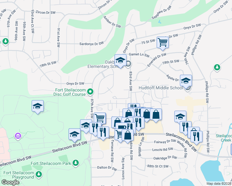 map of restaurants, bars, coffee shops, grocery stores, and more near 8646 Onyx Drive Southwest in Tacoma