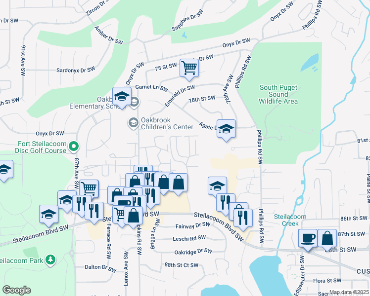 map of restaurants, bars, coffee shops, grocery stores, and more near 40 Thunderbird Parkway Southwest in Lakewood