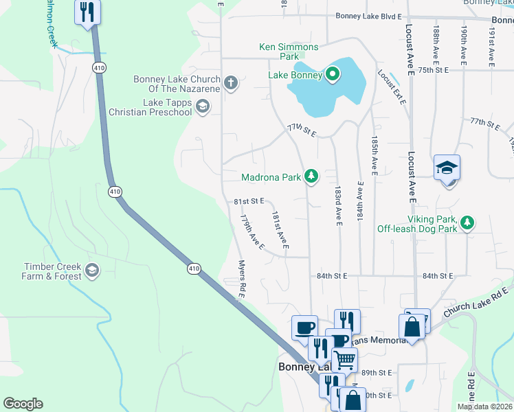 map of restaurants, bars, coffee shops, grocery stores, and more near 17905 81st Street East in Bonney Lake