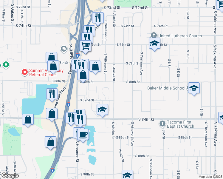 map of restaurants, bars, coffee shops, grocery stores, and more near 8018 South Alaska Street in Tacoma