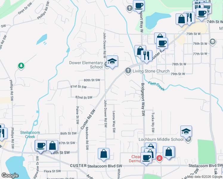 map of restaurants, bars, coffee shops, grocery stores, and more near 8015 Custer Road Southwest in Lakewood