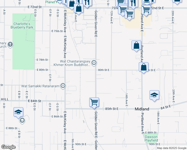 map of restaurants, bars, coffee shops, grocery stores, and more near 8016 Golden Given Road East in Tacoma