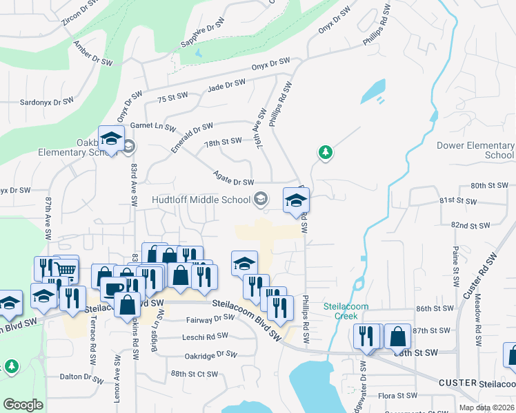 map of restaurants, bars, coffee shops, grocery stores, and more near 8102 Phillips Road Southwest in Lakewood