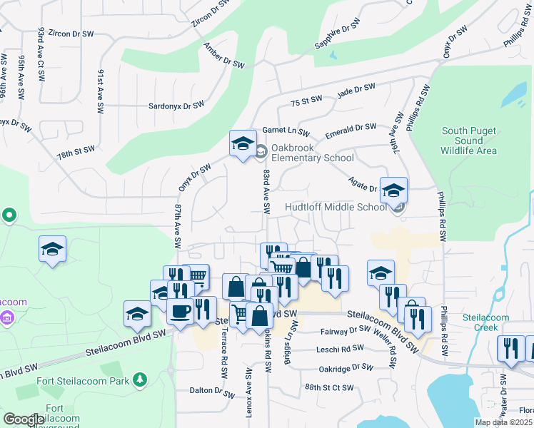 map of restaurants, bars, coffee shops, grocery stores, and more near 8020 83rd Avenue Southwest in Lakewood