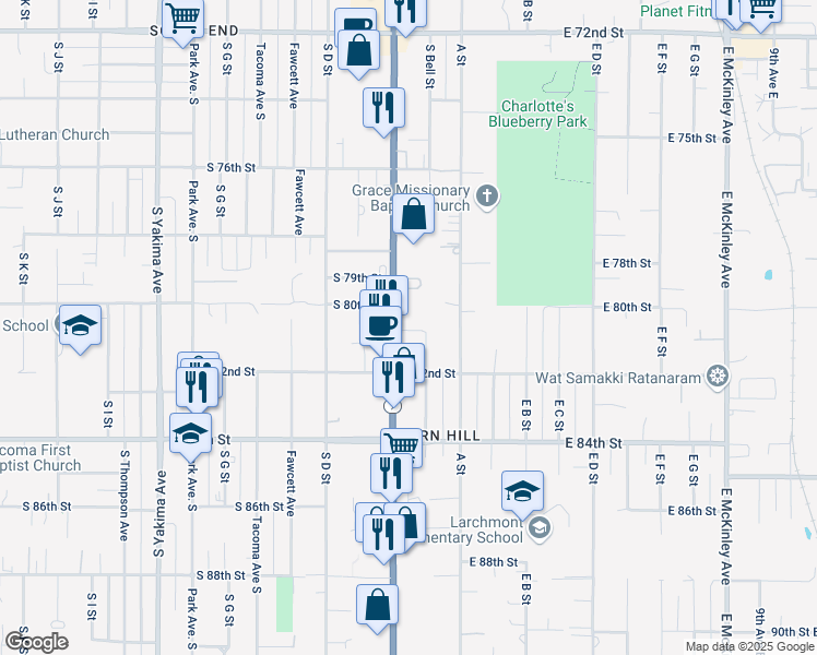 map of restaurants, bars, coffee shops, grocery stores, and more near 8015 Pacific Avenue in Tacoma