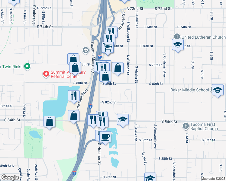 map of restaurants, bars, coffee shops, grocery stores, and more near 1817 South 82nd Street in Tacoma