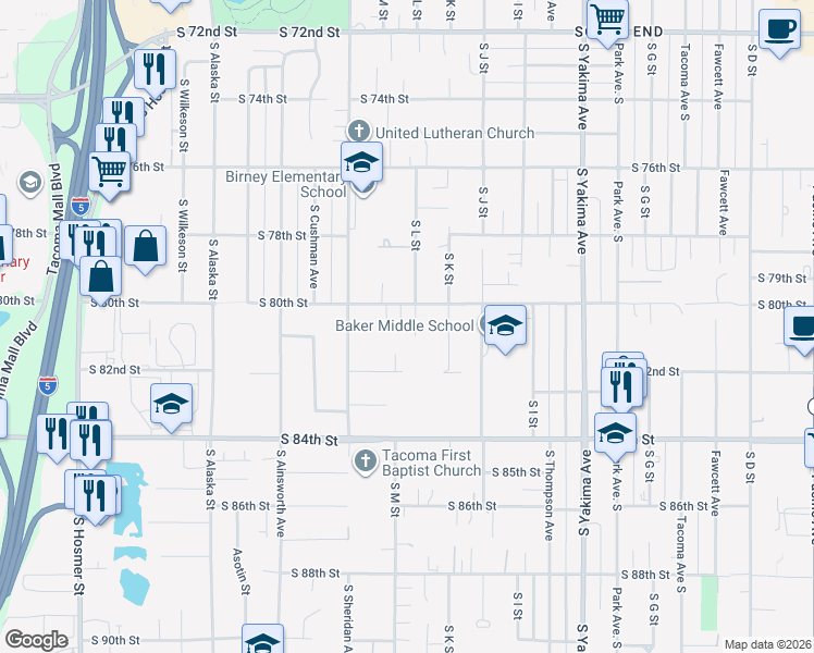 map of restaurants, bars, coffee shops, grocery stores, and more near 1212 South 80th Street in Tacoma