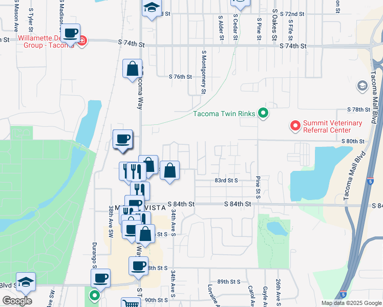map of restaurants, bars, coffee shops, grocery stores, and more near 8111 33rd Avenue Court South in Lakewood