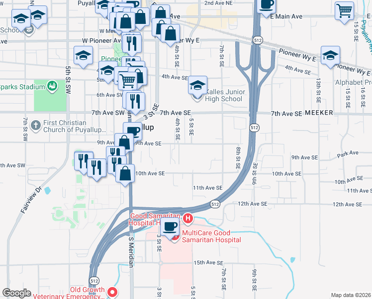 map of restaurants, bars, coffee shops, grocery stores, and more near 334-498 9th Avenue Southeast in Puyallup