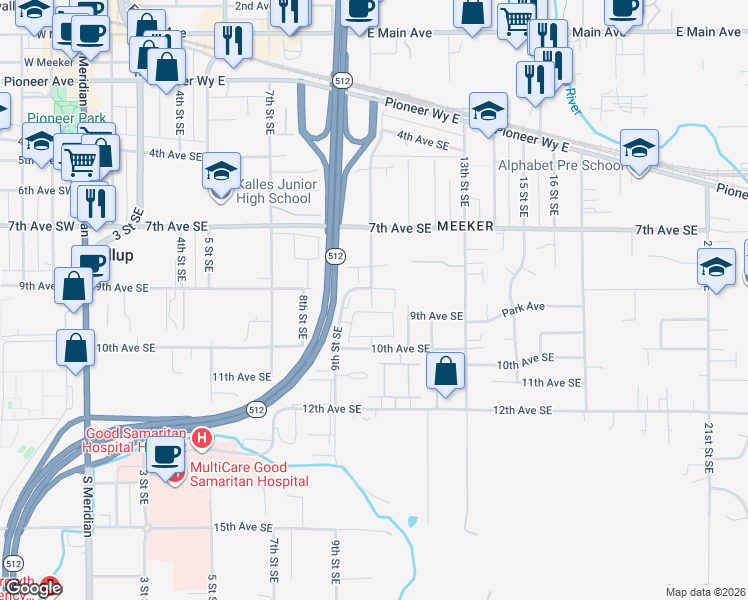 map of restaurants, bars, coffee shops, grocery stores, and more near 1002 9th Avenue Southeast in Puyallup