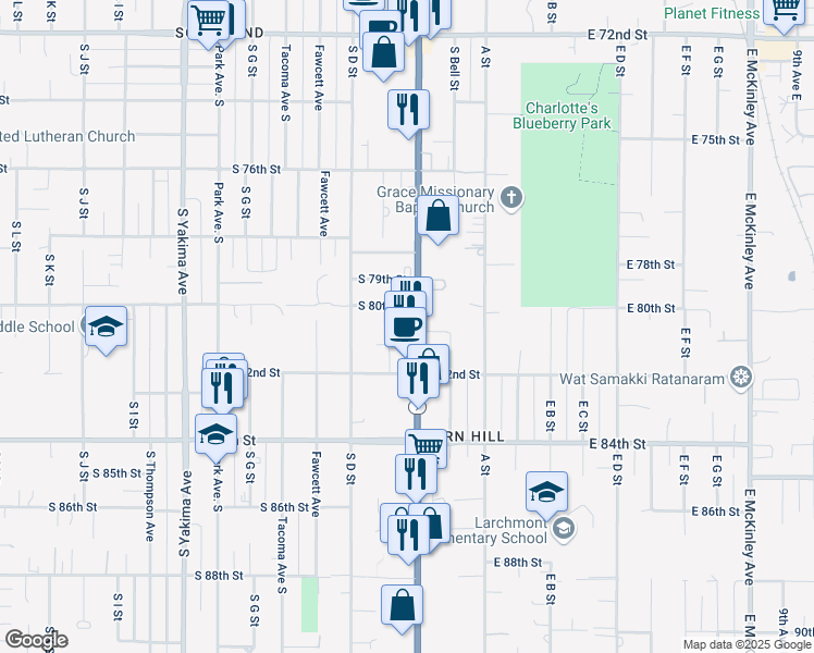 map of restaurants, bars, coffee shops, grocery stores, and more near 8014 Pacific Avenue in Tacoma