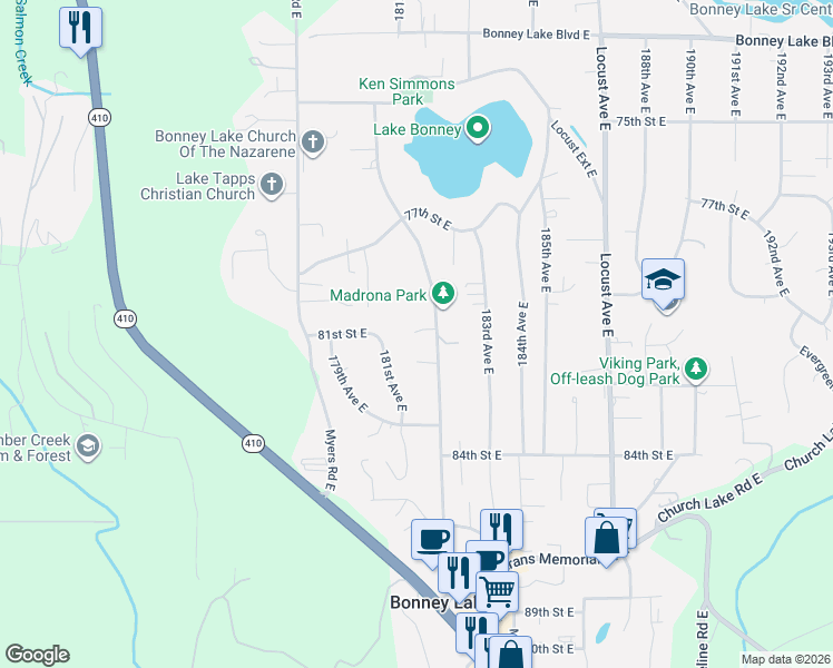 map of restaurants, bars, coffee shops, grocery stores, and more near 18101 81st Street East in Bonney Lake