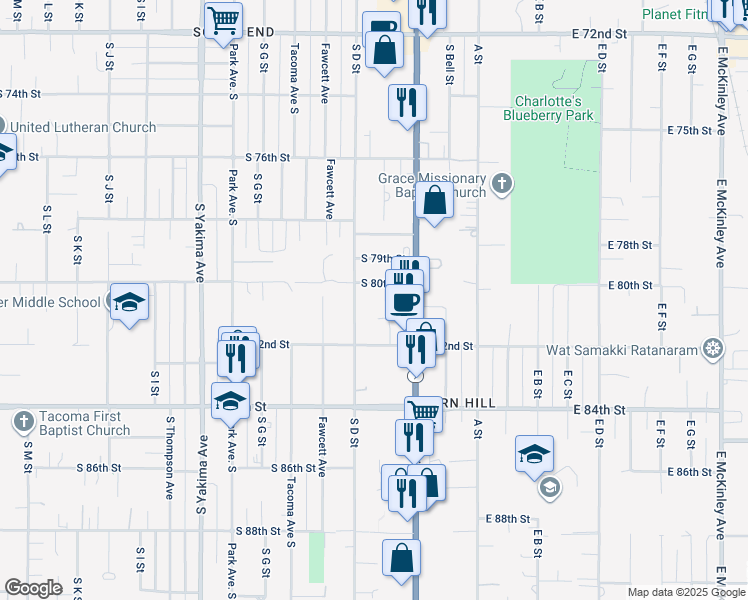 map of restaurants, bars, coffee shops, grocery stores, and more near 230 South 80th Street in Tacoma