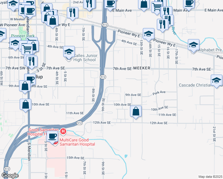 map of restaurants, bars, coffee shops, grocery stores, and more near 1002 9th Avenue Southeast in Puyallup