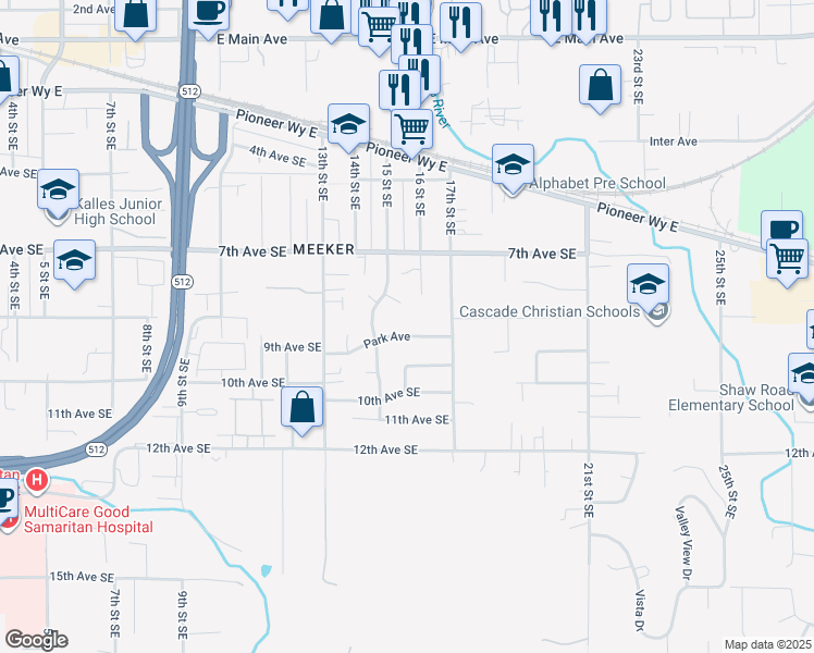 map of restaurants, bars, coffee shops, grocery stores, and more near 1533 Park Avenue in Puyallup