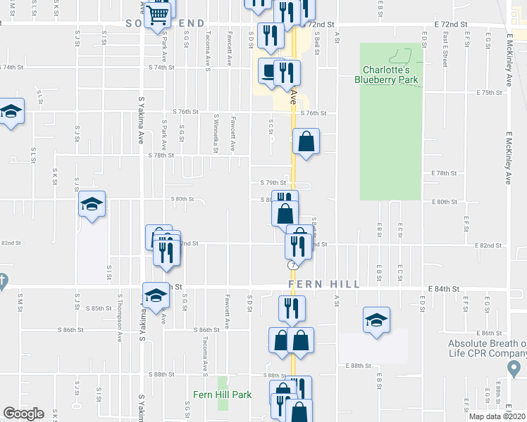 map of restaurants, bars, coffee shops, grocery stores, and more near 230 South 80th Street in Tacoma