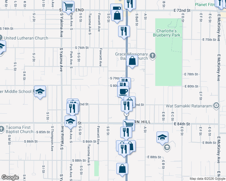 map of restaurants, bars, coffee shops, grocery stores, and more near 230 South 80th Street in Tacoma