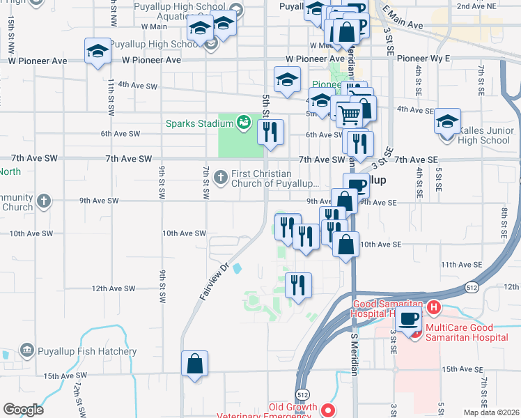 map of restaurants, bars, coffee shops, grocery stores, and more near 904 Fairview Drive in Puyallup