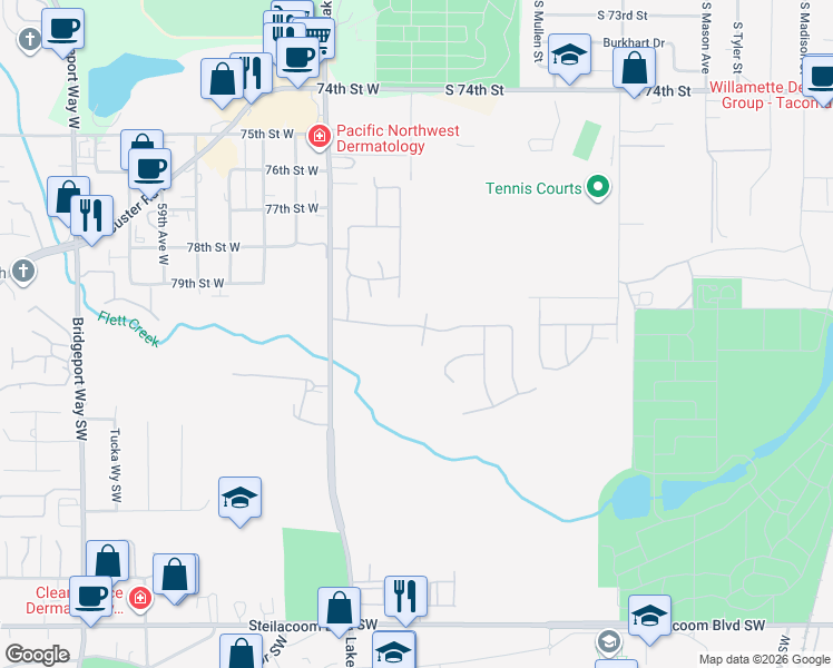 map of restaurants, bars, coffee shops, grocery stores, and more near 5102 80th Street Southwest in Lakewood