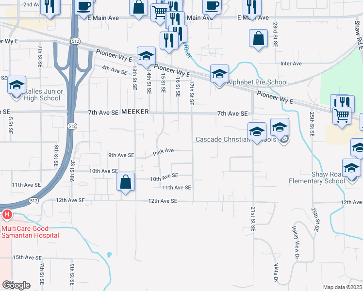 map of restaurants, bars, coffee shops, grocery stores, and more near 1533 Park Avenue in Puyallup