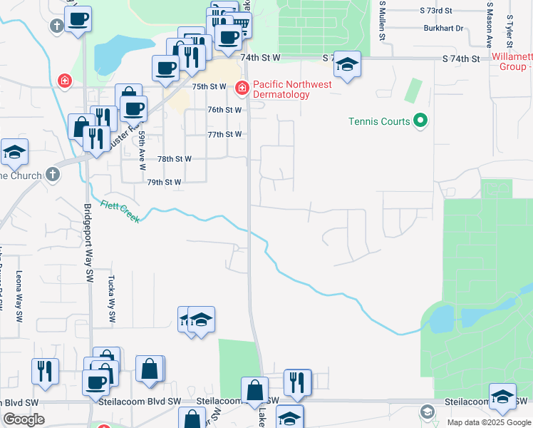 map of restaurants, bars, coffee shops, grocery stores, and more near 5306 80th Street Southwest in Lakewood