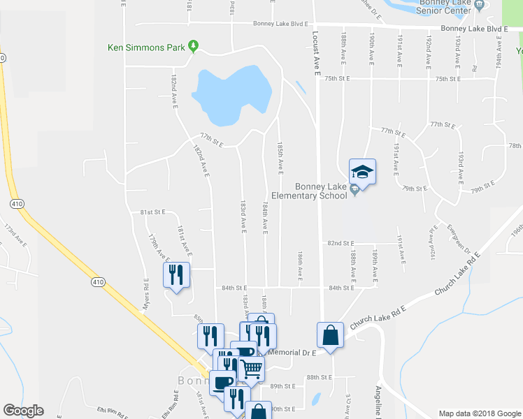 map of restaurants, bars, coffee shops, grocery stores, and more near 8009 184th Avenue East in Bonney Lake