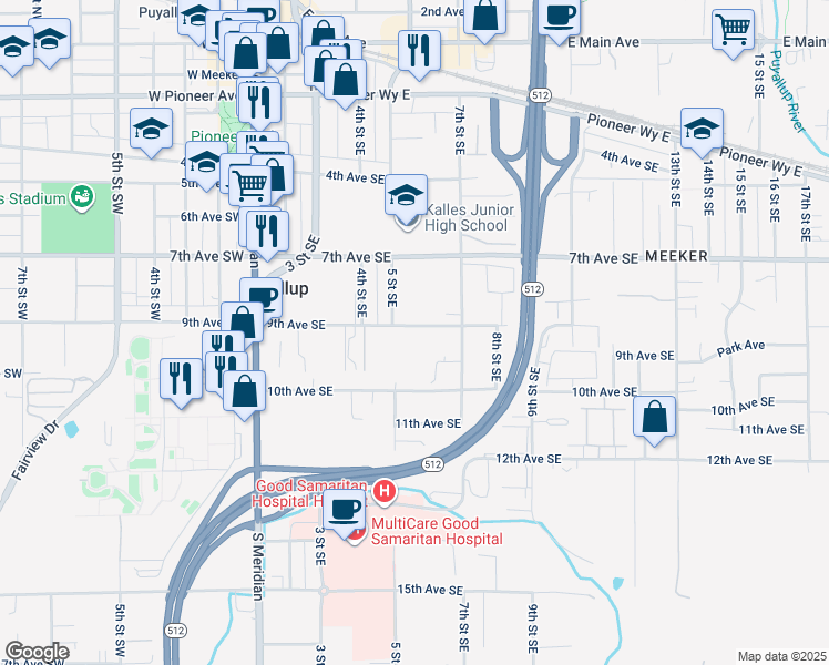map of restaurants, bars, coffee shops, grocery stores, and more near 518 9th Avenue Southeast in Puyallup