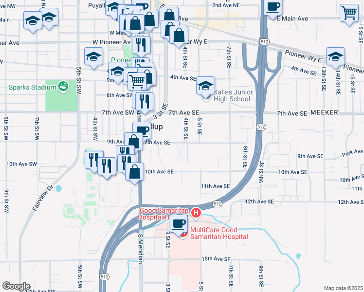 map of restaurants, bars, coffee shops, grocery stores, and more near 322 9th Avenue Southeast in Puyallup