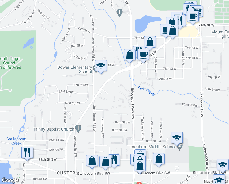 map of restaurants, bars, coffee shops, grocery stores, and more near 8001 A To 8001 B Custer Road in Lakewood