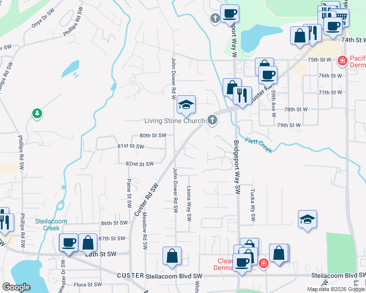 map of restaurants, bars, coffee shops, grocery stores, and more near 8015 Custer Road Southwest in Lakewood