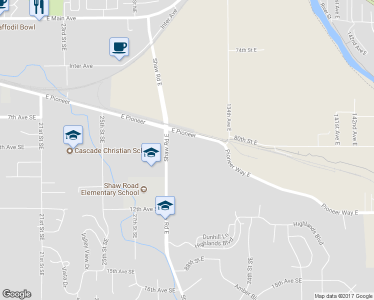 map of restaurants, bars, coffee shops, grocery stores, and more near 13102 East Pioneer in Puyallup
