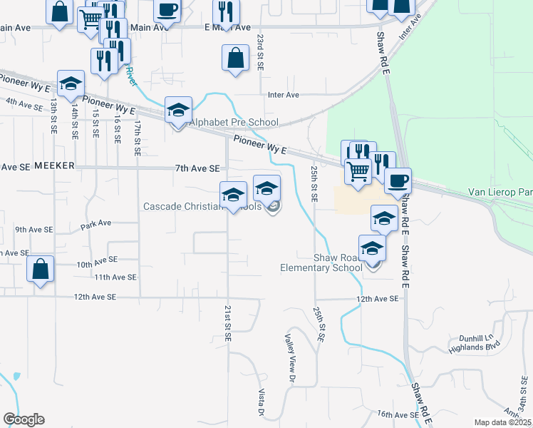 map of restaurants, bars, coffee shops, grocery stores, and more near 811 21st Street Southeast in Puyallup