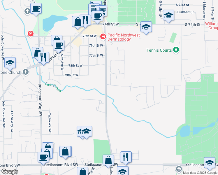map of restaurants, bars, coffee shops, grocery stores, and more near 5306 80th Street Southwest in Lakewood