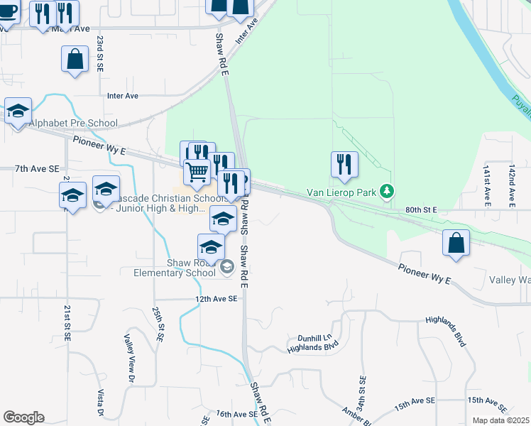 map of restaurants, bars, coffee shops, grocery stores, and more near 13102 East Pioneer in Puyallup