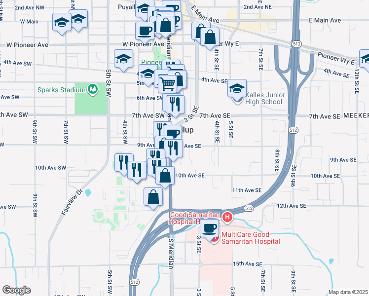 map of restaurants, bars, coffee shops, grocery stores, and more near 190 9th Avenue Southeast in Puyallup