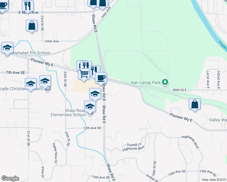 map of restaurants, bars, coffee shops, grocery stores, and more near 13102 East Pioneer in Puyallup