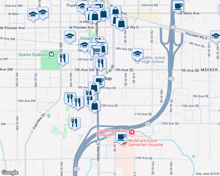 map of restaurants, bars, coffee shops, grocery stores, and more near 190 9th Avenue Southeast in Puyallup