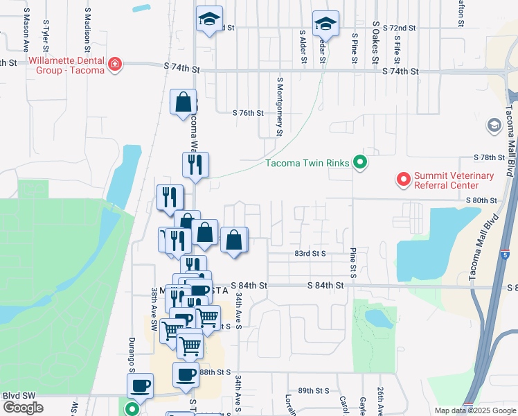 map of restaurants, bars, coffee shops, grocery stores, and more near 8111 33rd Avenue Court South in Lakewood