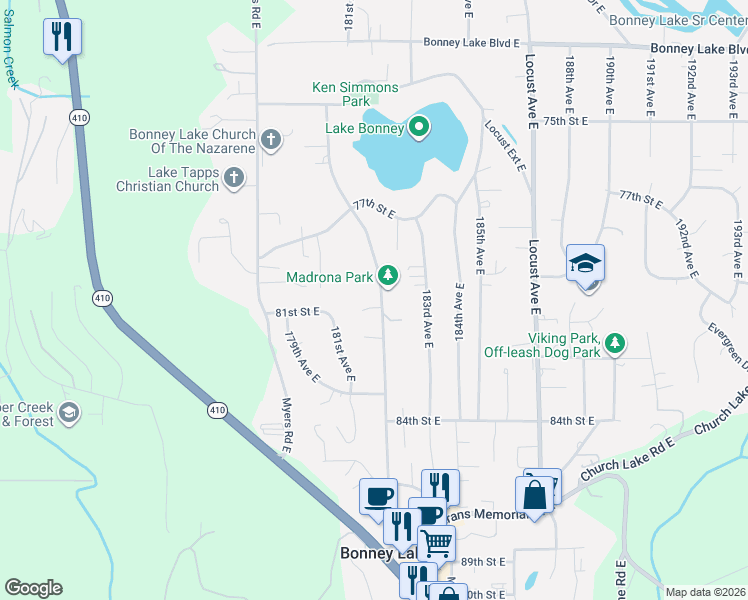 map of restaurants, bars, coffee shops, grocery stores, and more near 18110 81st Street East in Bonney Lake