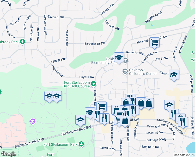 map of restaurants, bars, coffee shops, grocery stores, and more near 8705 81st Street Southwest in Lakewood