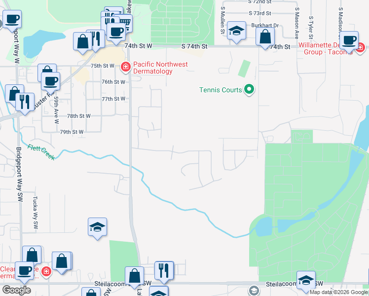 map of restaurants, bars, coffee shops, grocery stores, and more near 4918 80th Street Southwest in Lakewood