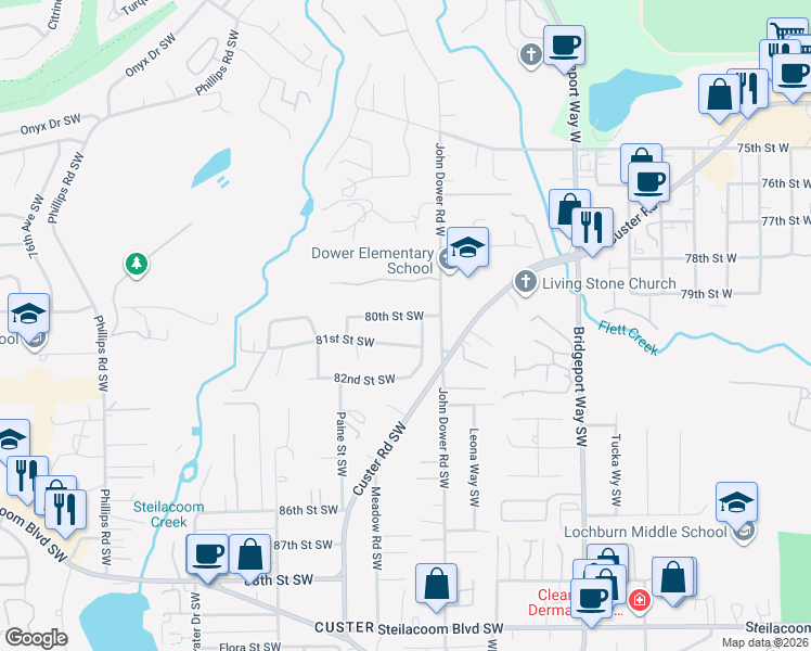 map of restaurants, bars, coffee shops, grocery stores, and more near 6602 80th Street Southwest in Lakewood